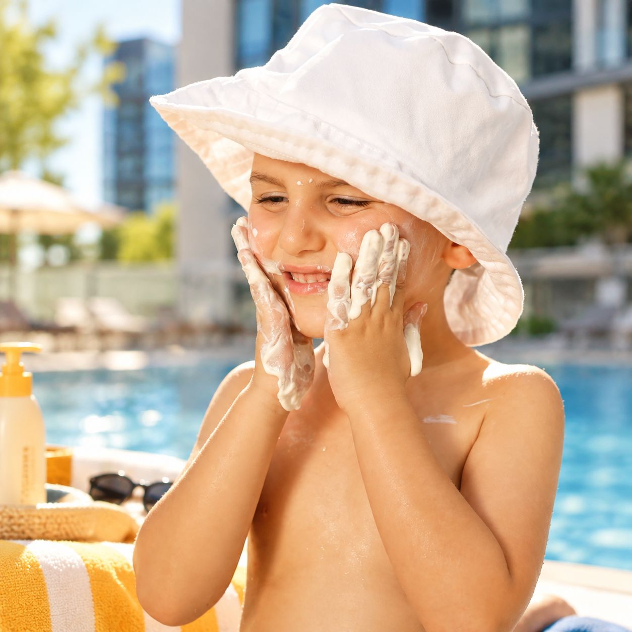 Child in a sun hat applying sunscreen by the pool – Bioderma UAE campaign by Stache DXB Media