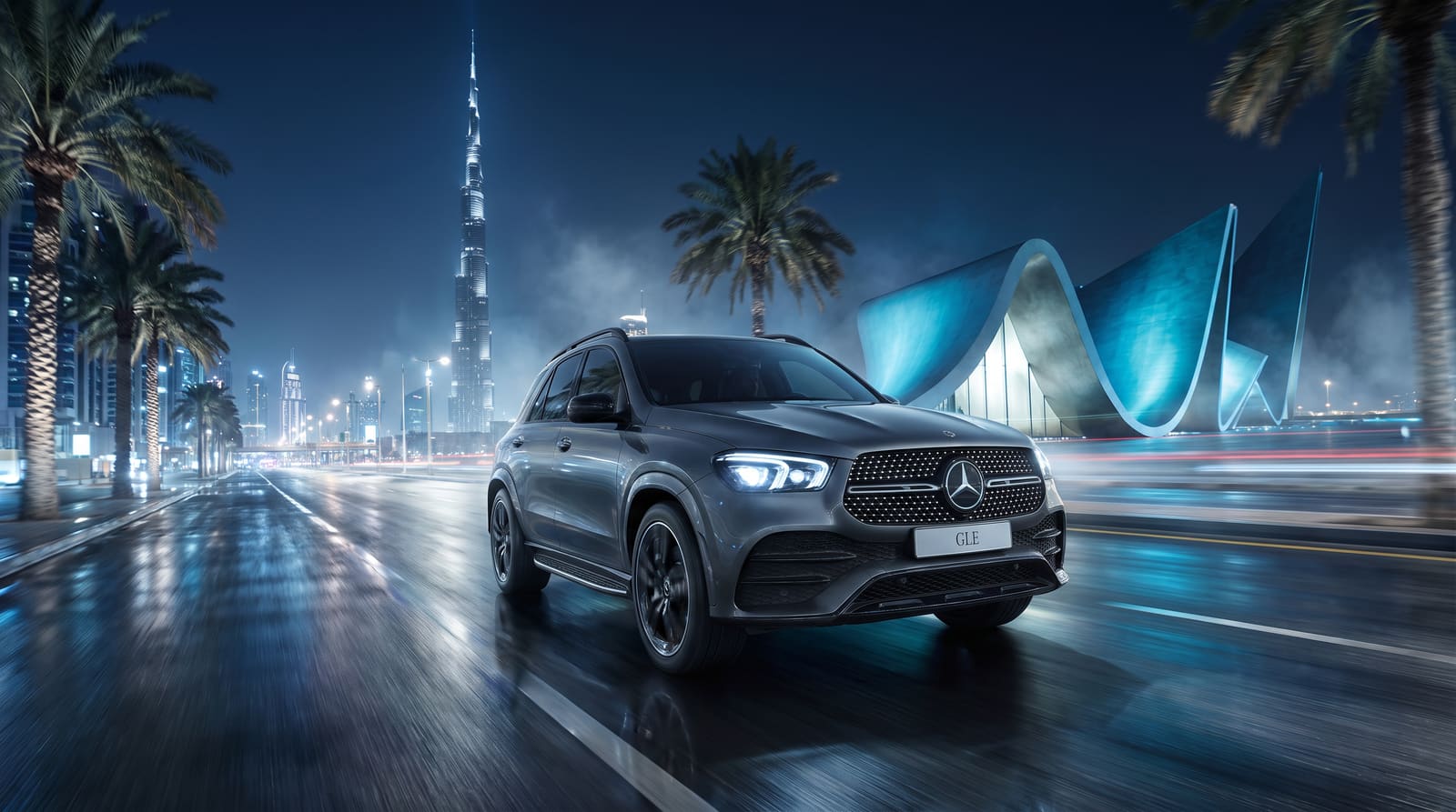 Mercedes-Benz GLE at night on a Dubai highway