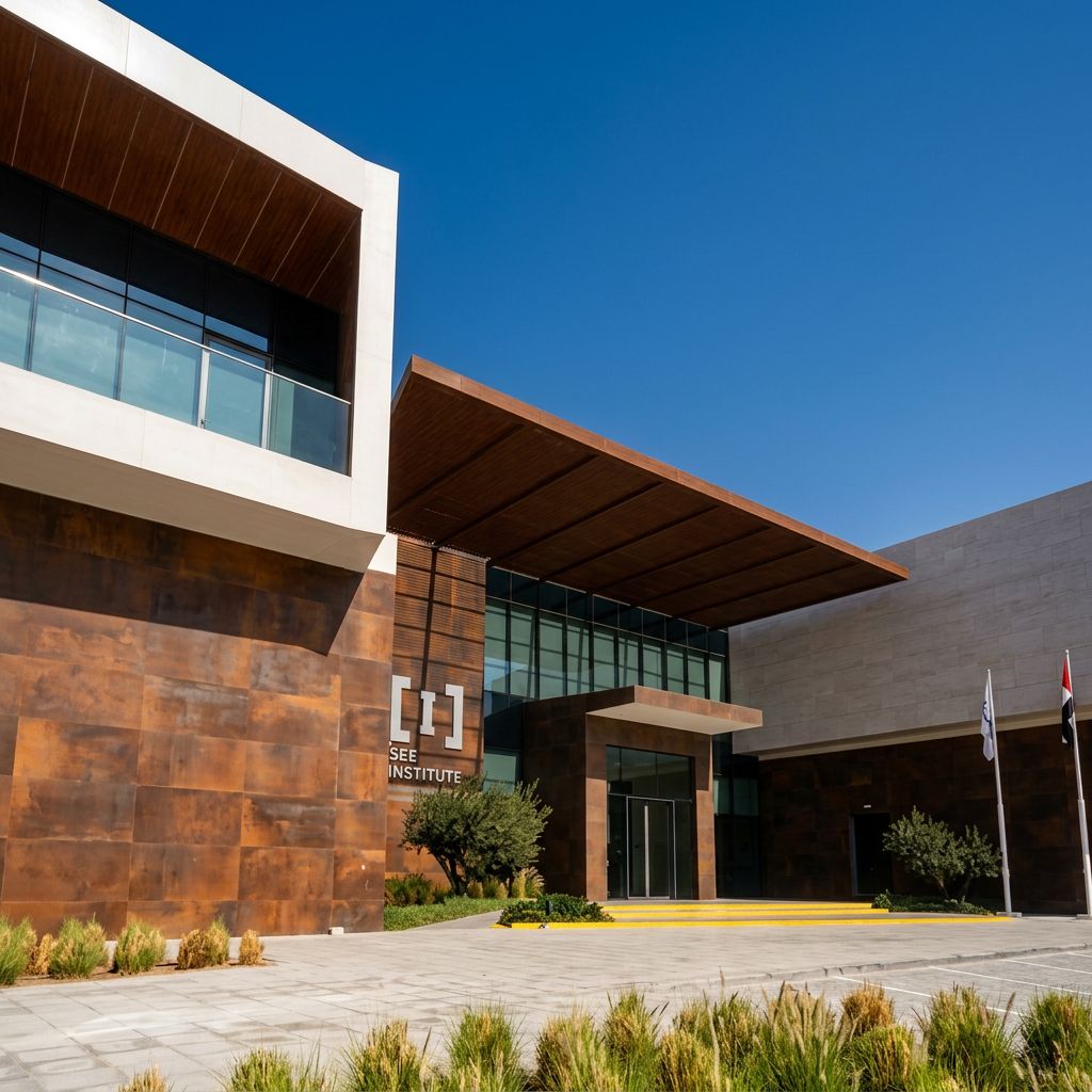 SEE Institute building exterior under a clear blue sky – education and sustainability marketing UAE by Stache DXB Media