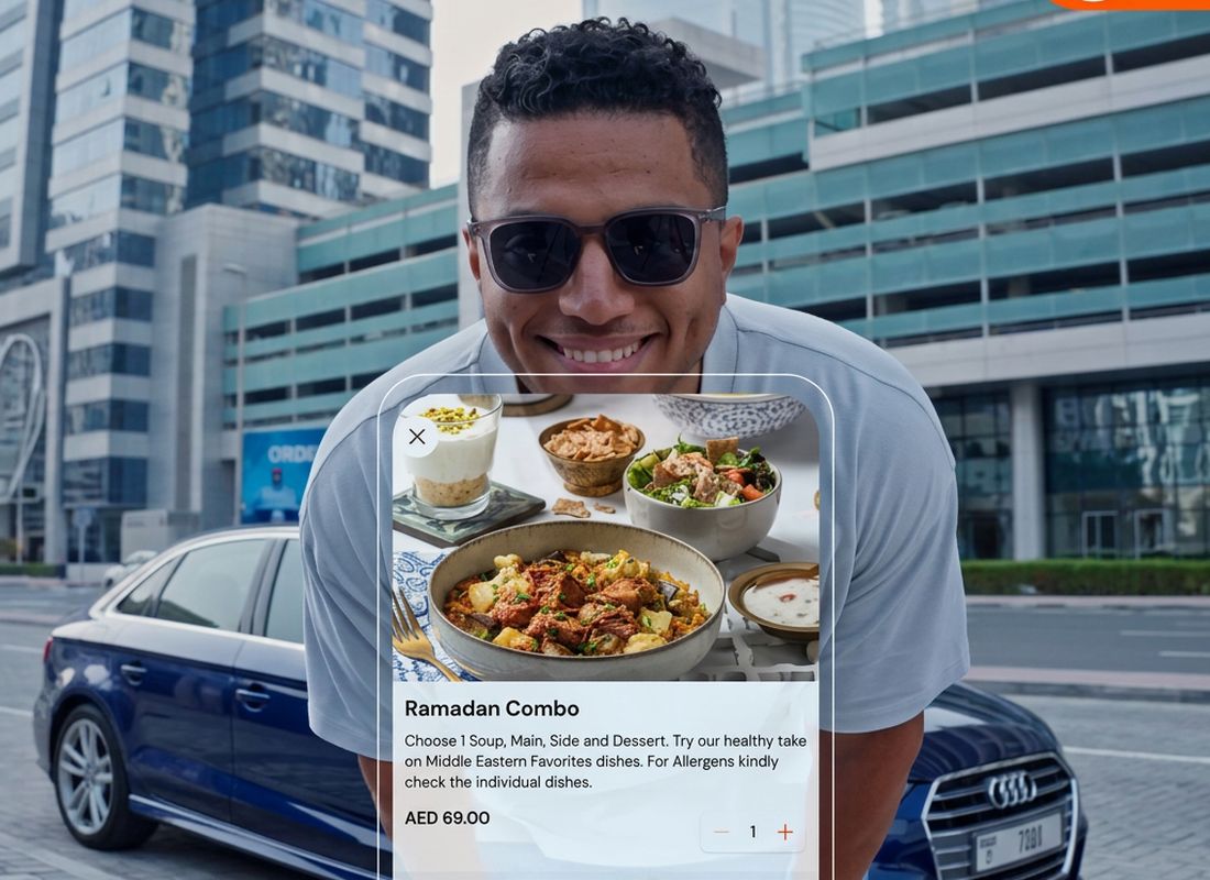 Ramadan Combo order screen in the Talabat app over a Dubai street scene – Ramadan marketing campaign UAE